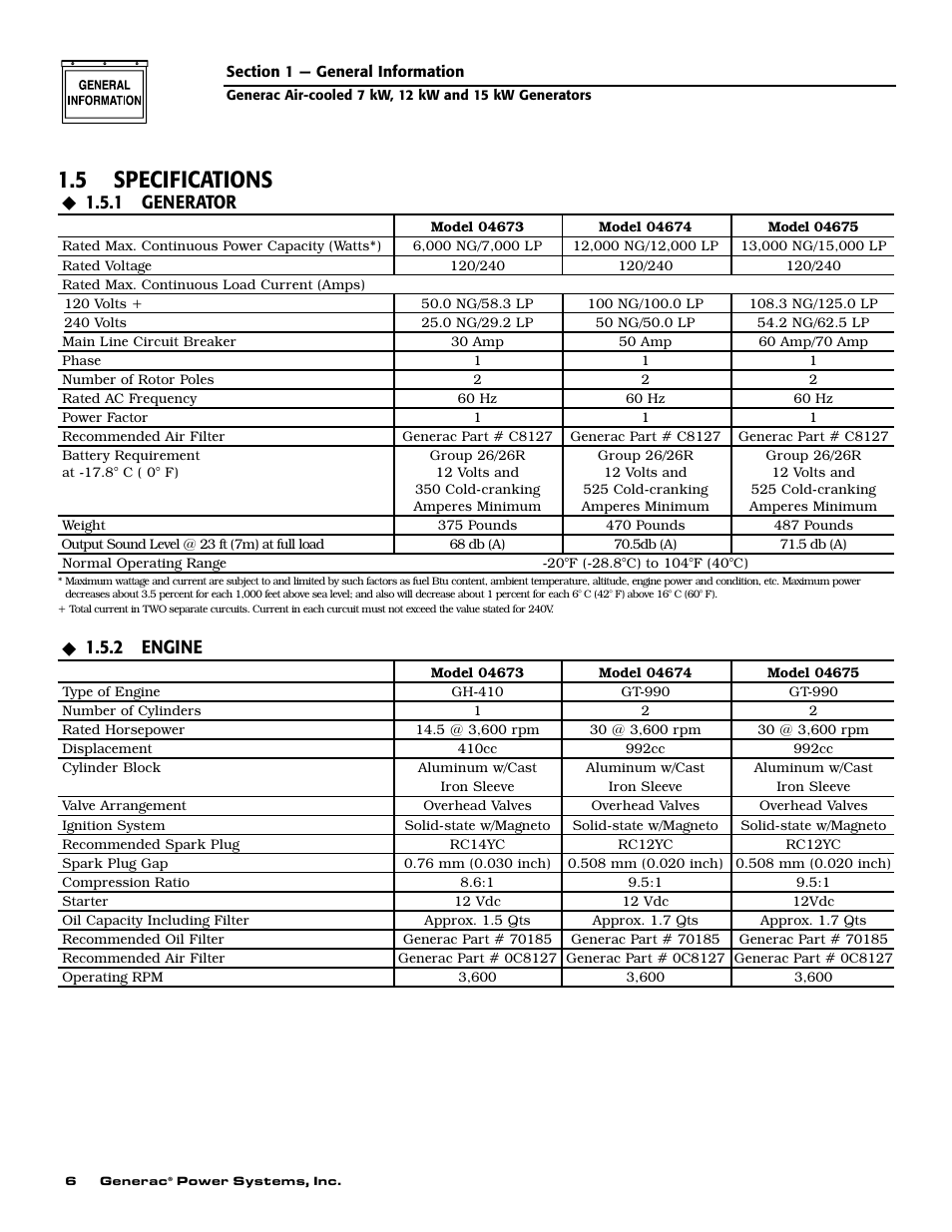 5 specifications, 1 generator, 2 engine | Generac 04673-2 User Manual | Page 8 / 56