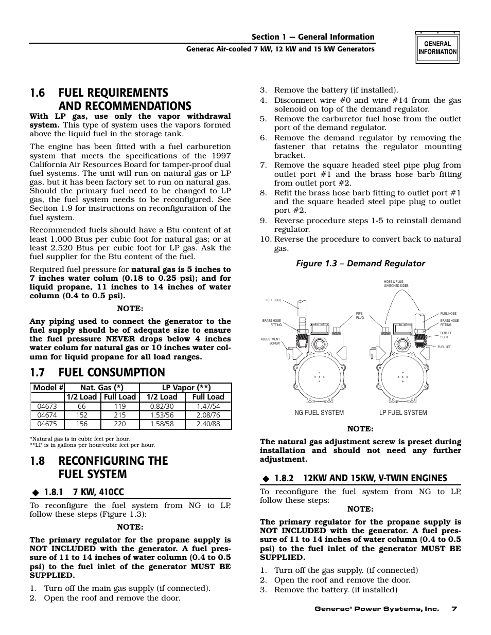 6 fuel requirements and recommendations, 7 fuel consumption, 8 reconfiguring the fuel system | Generac 04673-2 User Manual | Page 9 / 56