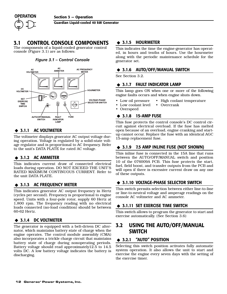 1 control console components, 2 using the auto/off/manual switch | Generac 0043736 User Manual | Page 14 / 64