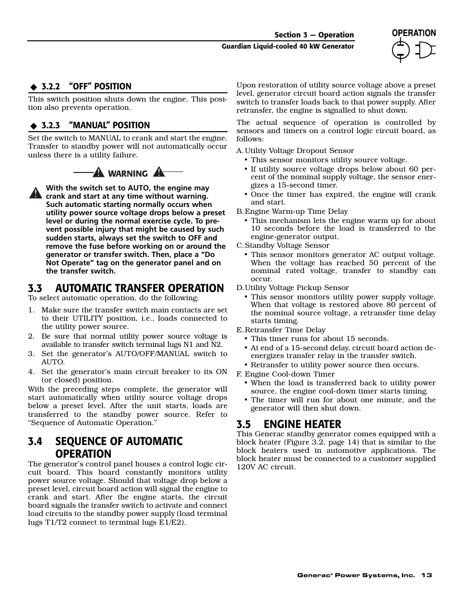 3 automatic transfer operation, 4 sequence of automatic operation, 5 engine heater | Generac 0043736 User Manual | Page 15 / 64