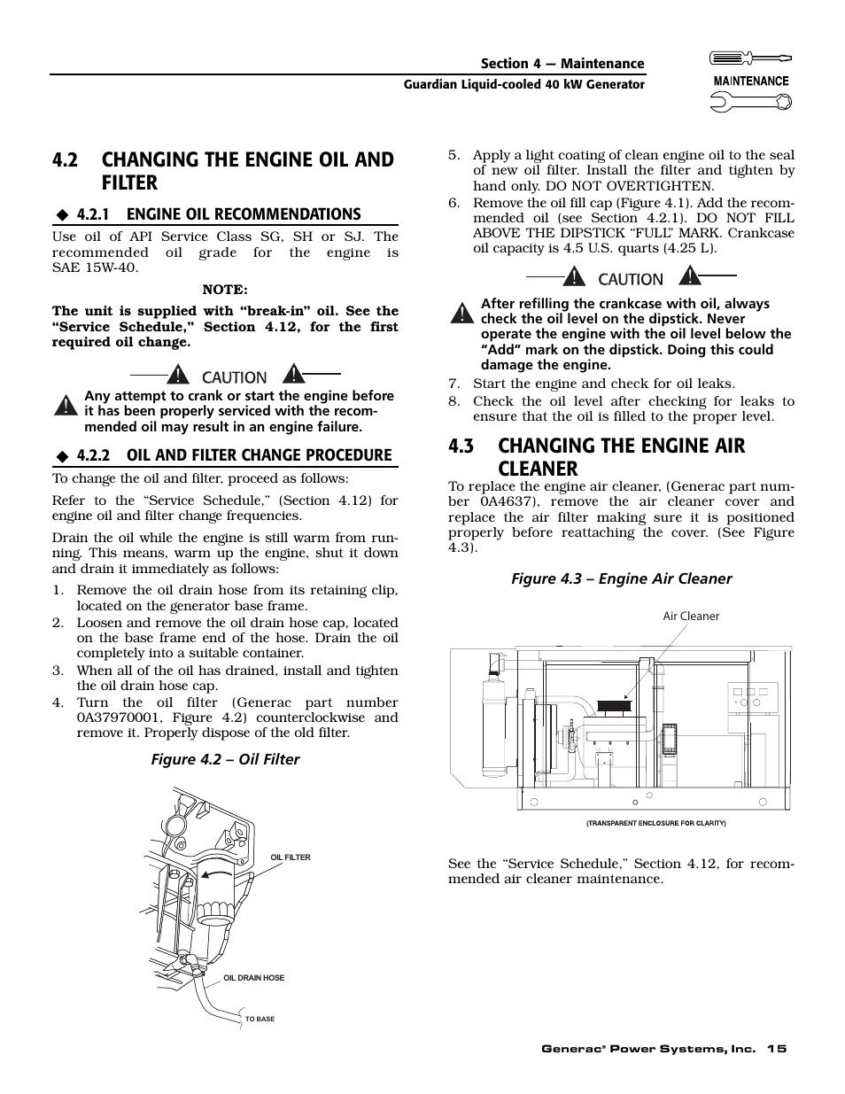 2 changing the engine oil and filter, 3 changing the engine air cleaner | Generac 0043736 User Manual | Page 17 / 64
