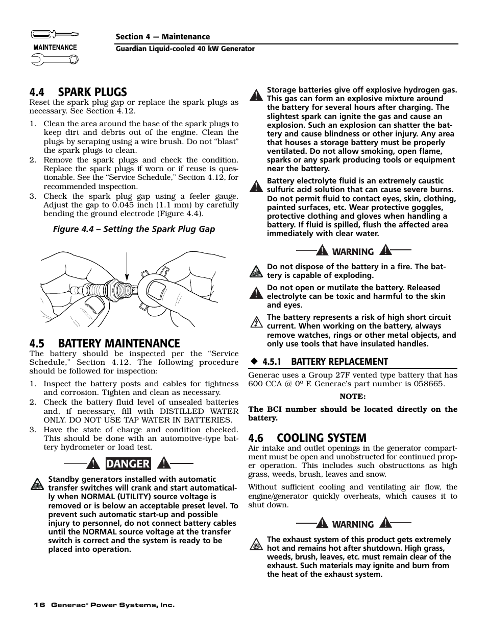 4 spark plugs, 5 battery maintenance, 6 cooling system | Danger | Generac 0043736 User Manual | Page 18 / 64