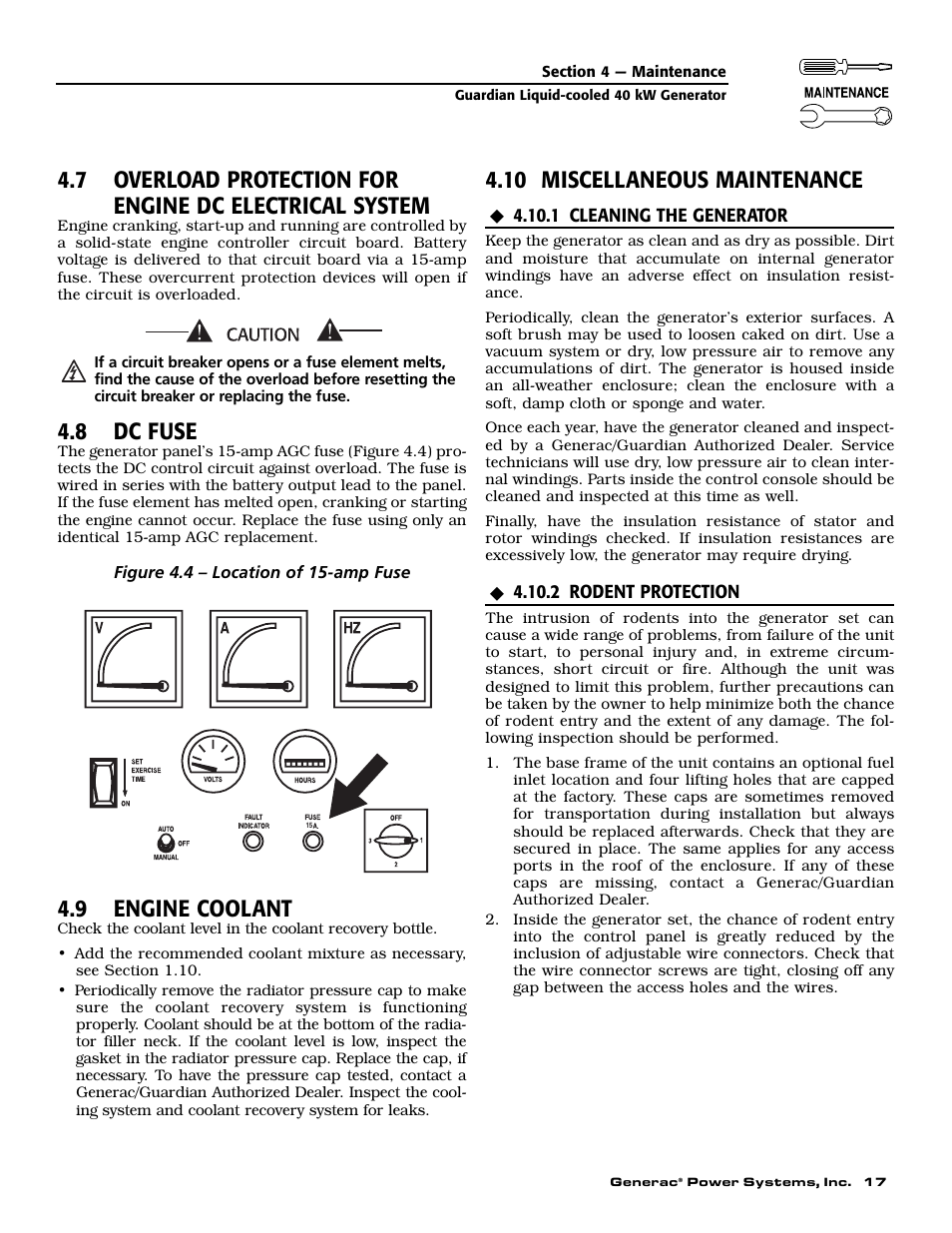 8 dc fuse, 9 engine coolant, 10 miscellaneous maintenance | Generac 0043736 User Manual | Page 19 / 64