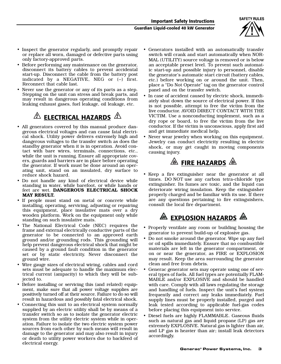 Electrical hazards, Fire hazards, Explosion hazards | Generac 0043736 User Manual | Page 5 / 64