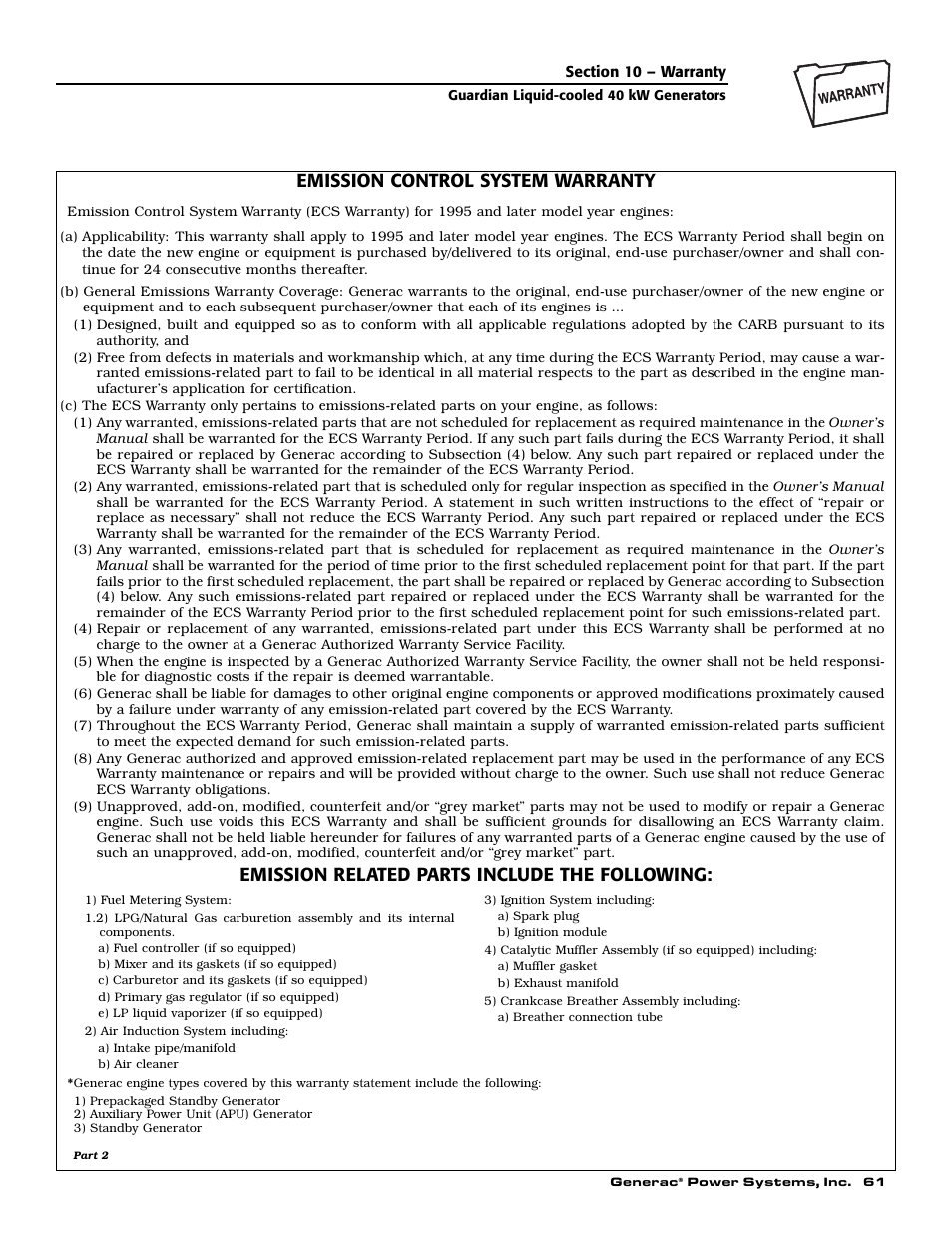 Emission control system warranty, Emission related parts include the following | Generac 0043736 User Manual | Page 63 / 64