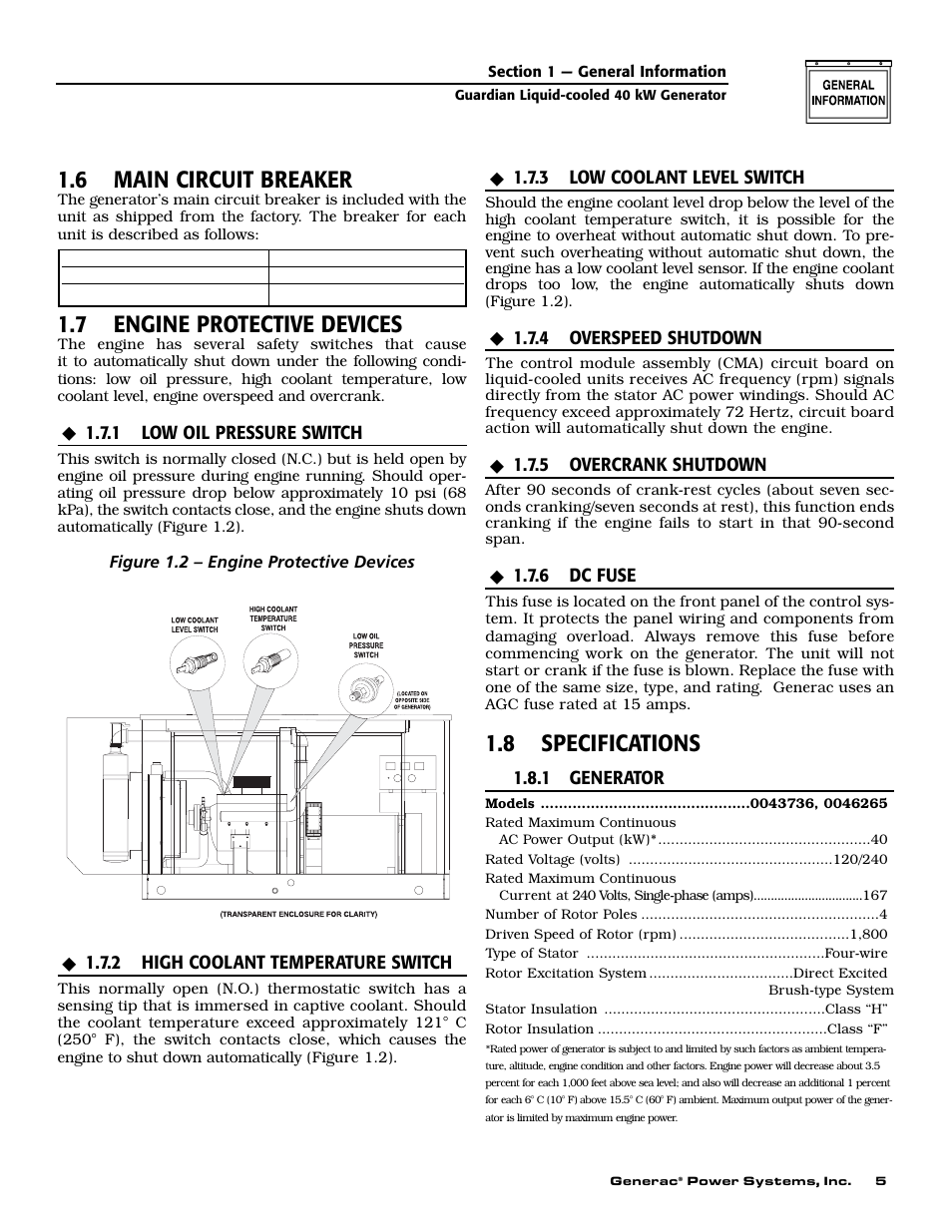 6 main circuit breaker, 7 engine protective devices, 8 specifications | Generac 0043736 User Manual | Page 7 / 64