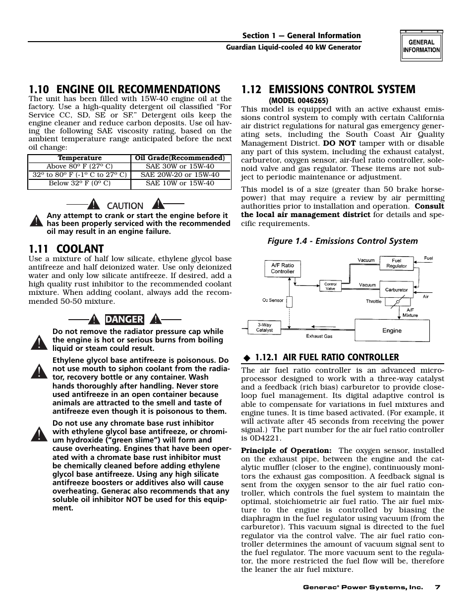 10 engine oil recommendations, 11 coolant, 12 emissions control system | Generac 0043736 User Manual | Page 9 / 64