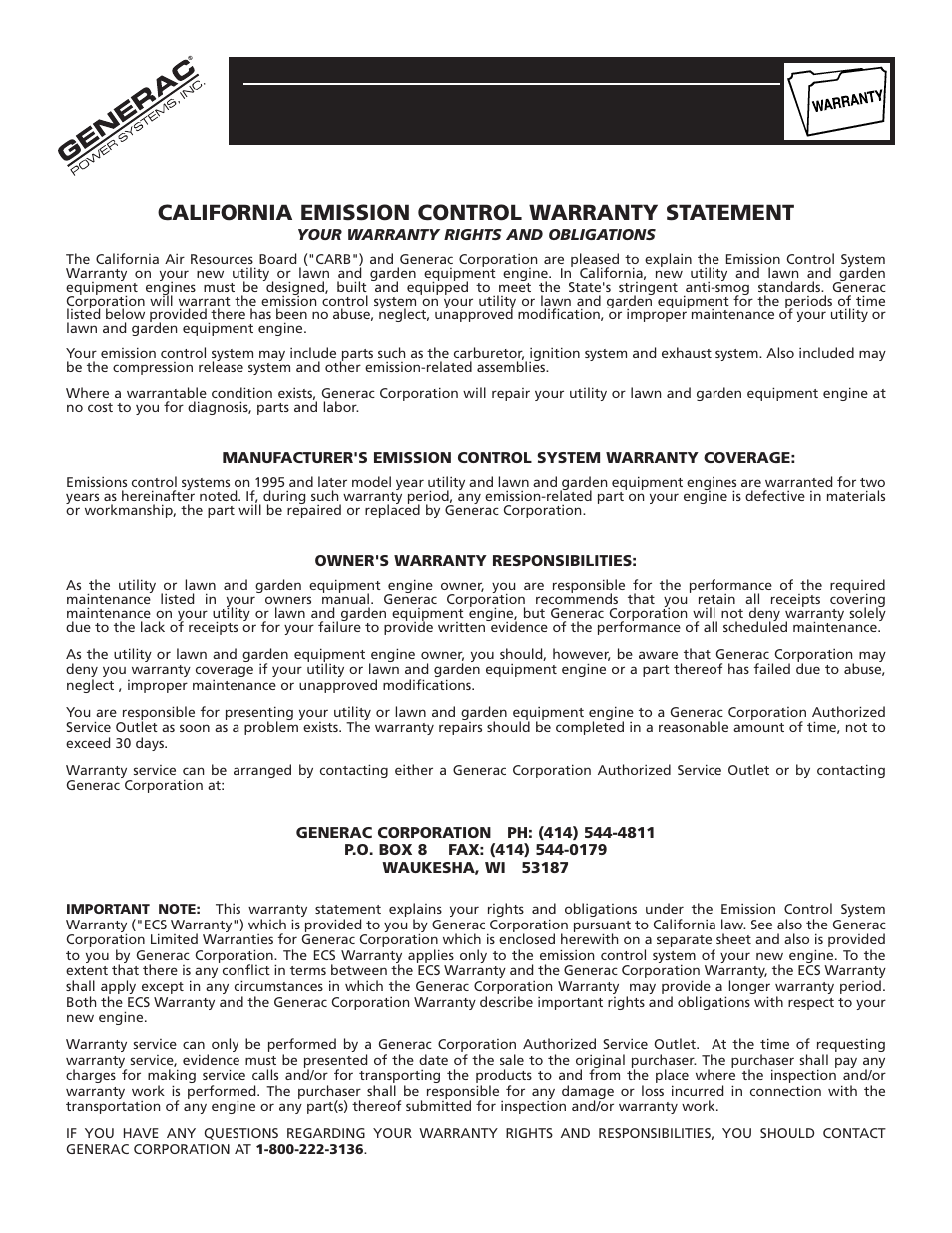 Warranty, California emission control warranty statement | Generac 190/220 User Manual | Page 22 / 24