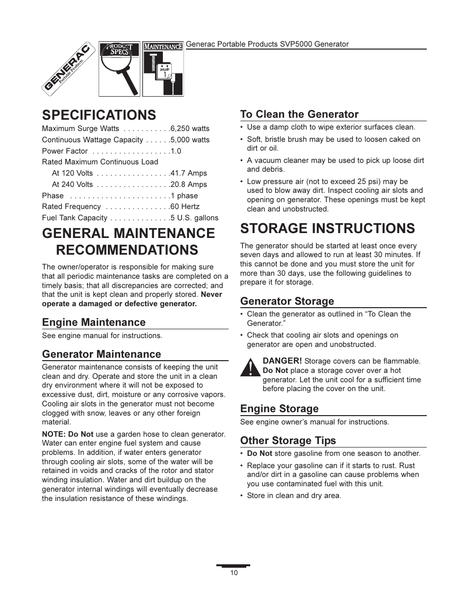 Specifications, General maintenance recommendations, Storage instructions | Engine maintenance, Generator maintenance, Generator storage, Engine storage, Other storage tips | Generac SVP5000 97193 User Manual | Page 10 / 16