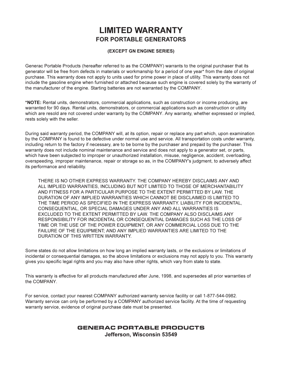 Limited warranty, For portable generators | Generac SVP5000 97193 User Manual | Page 16 / 16