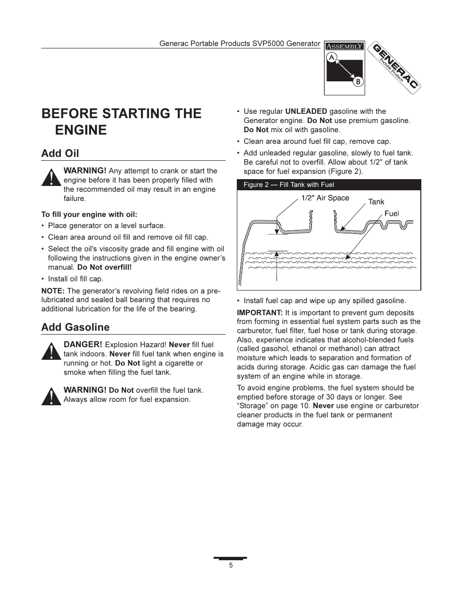 Before starting the engine, Add oil, Add gasoline | Generac SVP5000 97193 User Manual | Page 5 / 16