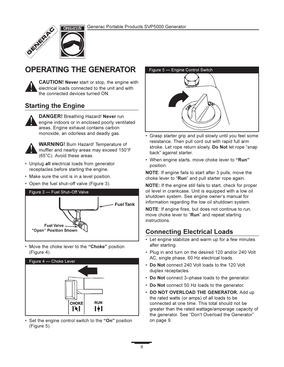 Operating the generator, Starting the engine, Connecting electrical loads | Generac SVP5000 97193 User Manual | Page 6 / 16