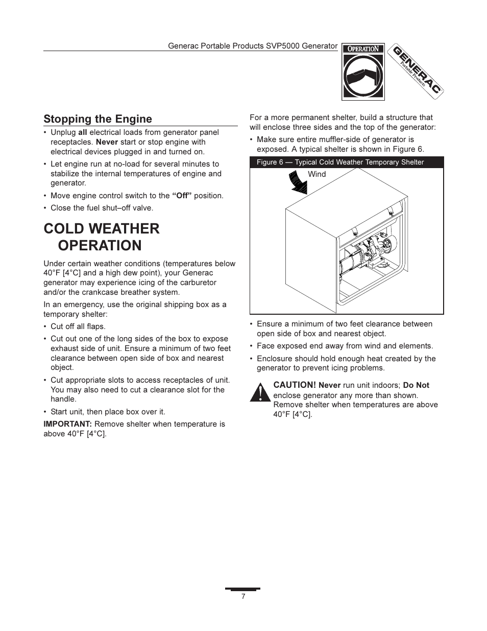 Cold weather operation, Stopping the engine | Generac SVP5000 97193 User Manual | Page 7 / 16