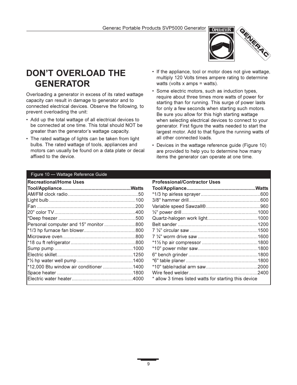 Dont overload the generator | Generac SVP5000 97193 User Manual | Page 9 / 16