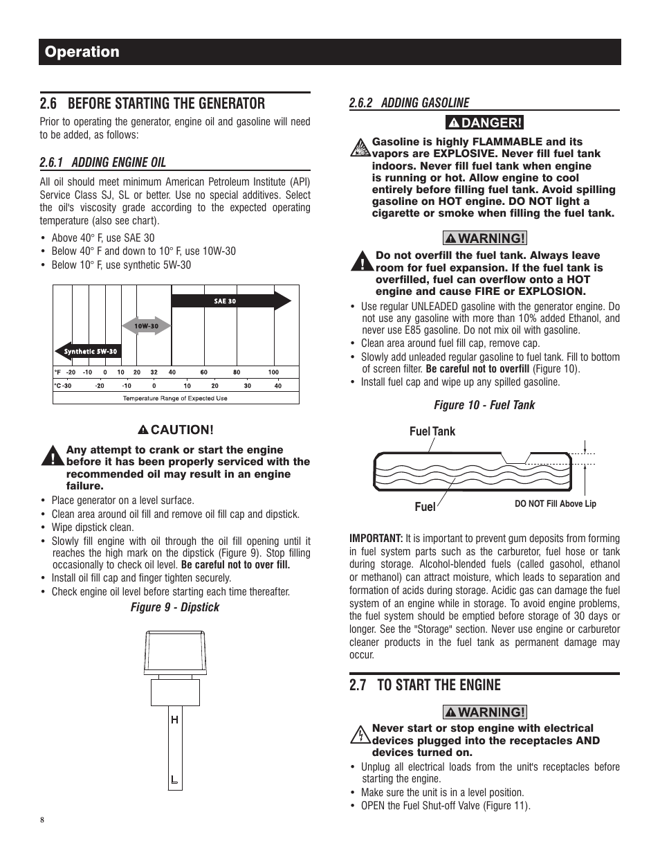 6 before starting the generator, 7 to start the engine, Operation | Generac GP 3250 Portable Generator 005982-0 User Manual | Page 10 / 20