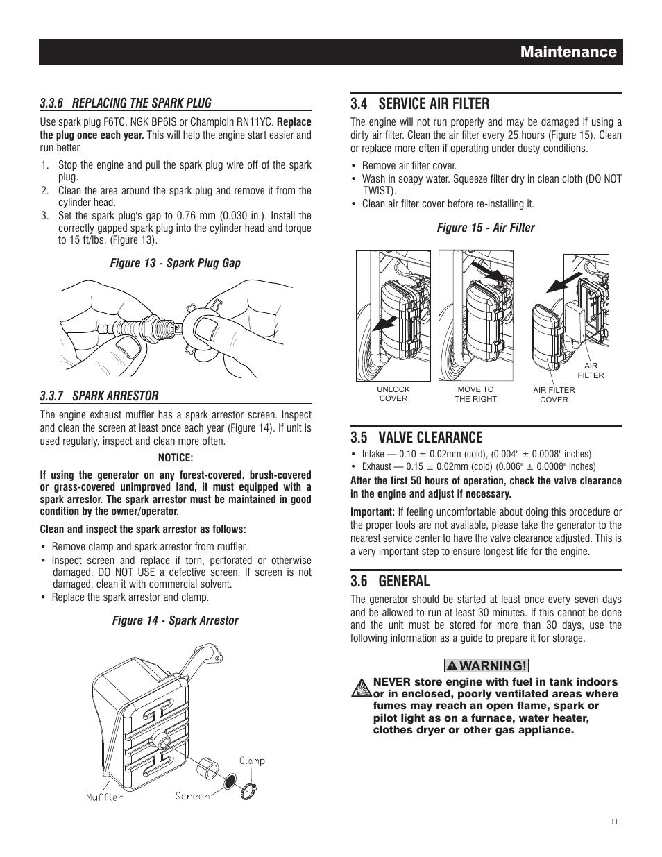 4 service air filter, 5 valve clearance, 6 general | Maintenance | Generac GP 3250 Portable Generator 005982-0 User Manual | Page 13 / 20