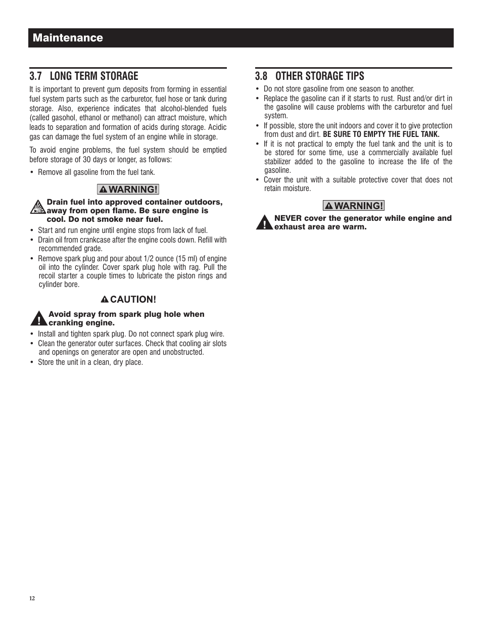 7 long term storage, 8 other storage tips, Maintenance | Generac GP 3250 Portable Generator 005982-0 User Manual | Page 14 / 20