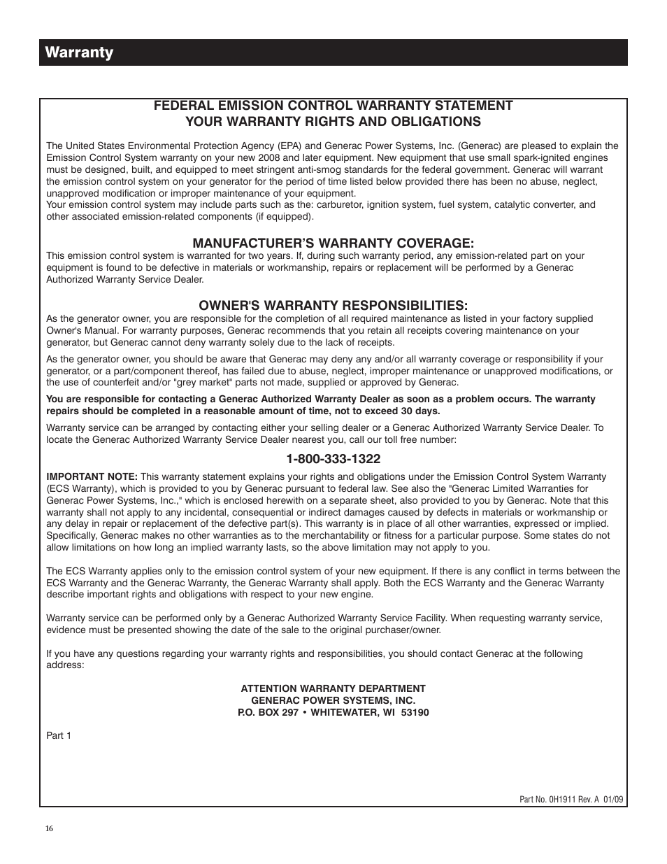 Warranty, Manufacturer’s warranty coverage, Owner's warranty responsibilities | Generac GP 3250 Portable Generator 005982-0 User Manual | Page 18 / 20