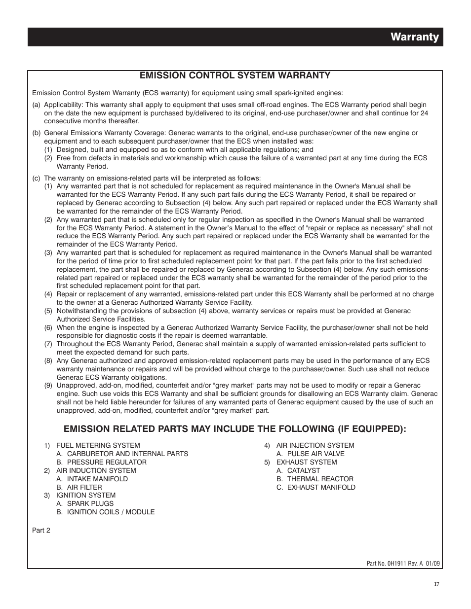 Emission control system warranty, Warranty | Generac GP 3250 Portable Generator 005982-0 User Manual | Page 19 / 20
