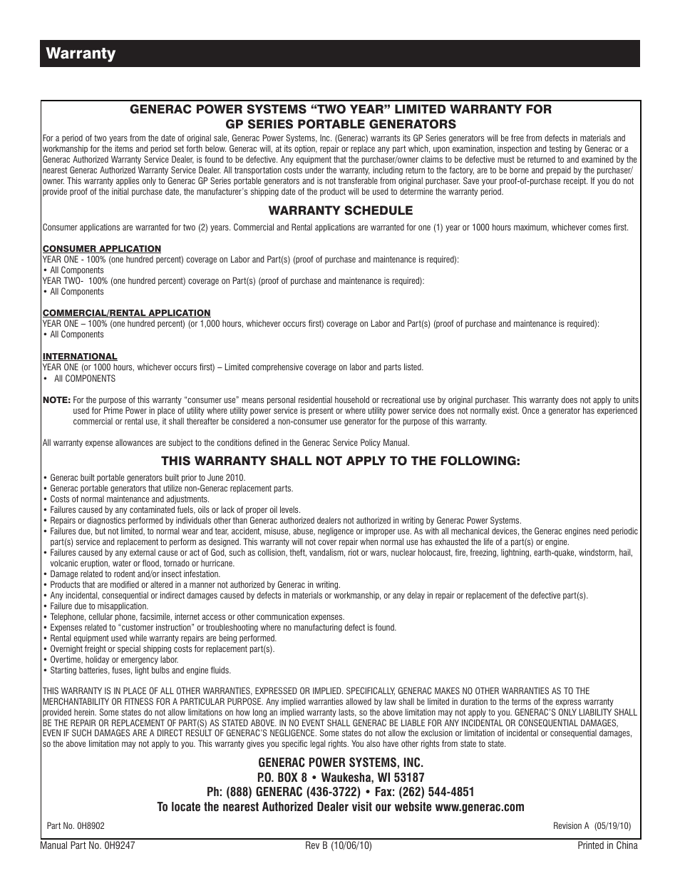 Warranty, Warranty schedule, This warranty shall not apply to the following | Generac GP 3250 Portable Generator 005982-0 User Manual | Page 20 / 20