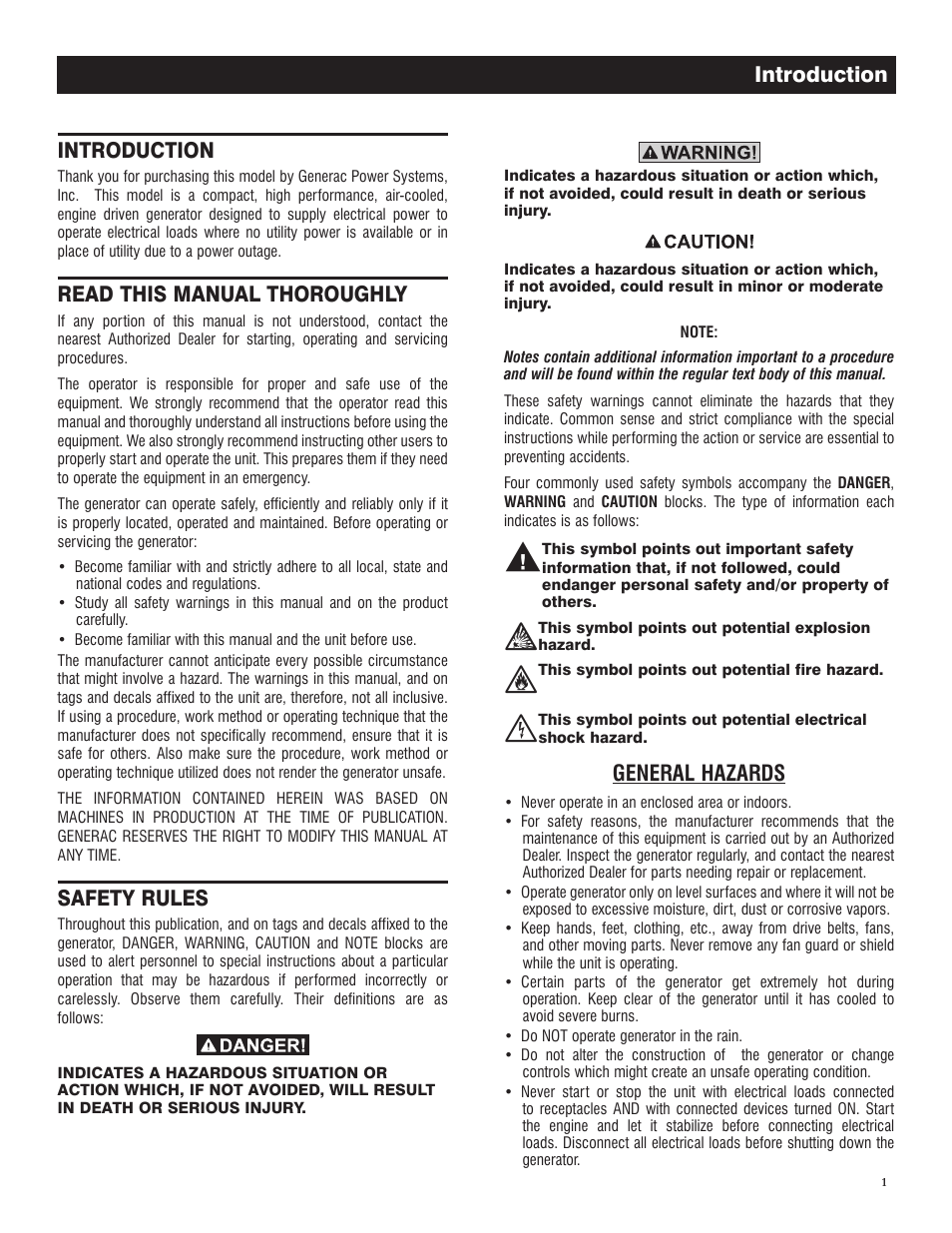 Introduction, Read this manual thoroughly, Safety rules | General hazards | Generac GP 3250 Portable Generator 005982-0 User Manual | Page 3 / 20