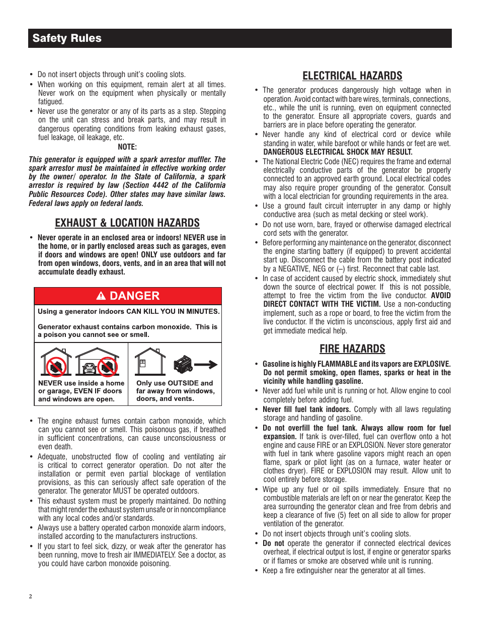 Exhaust & location hazards, Electrical hazards, Fire hazards | Safety rules | Generac GP 3250 Portable Generator 005982-0 User Manual | Page 4 / 20