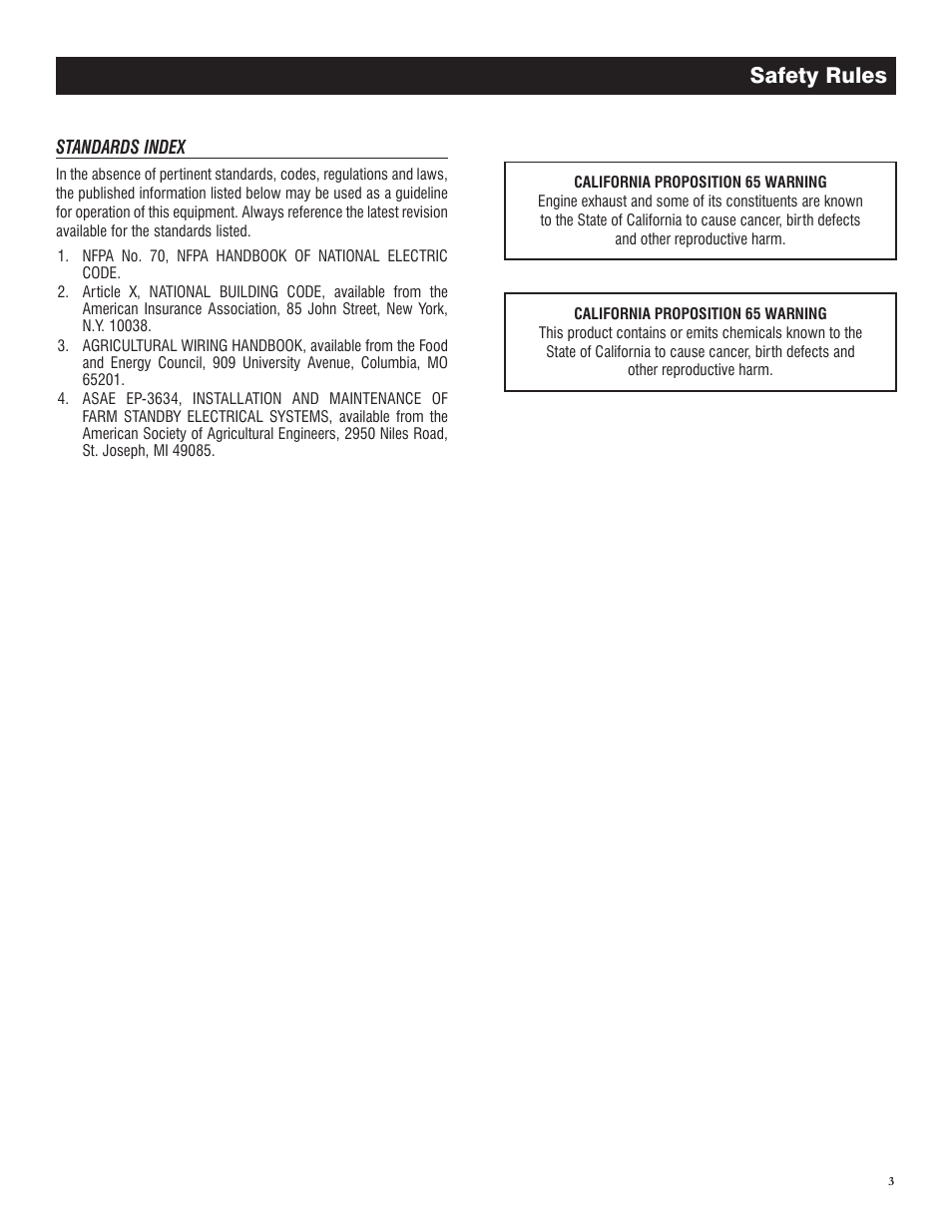 Standards index, Safety rules | Generac GP 3250 Portable Generator 005982-0 User Manual | Page 5 / 20