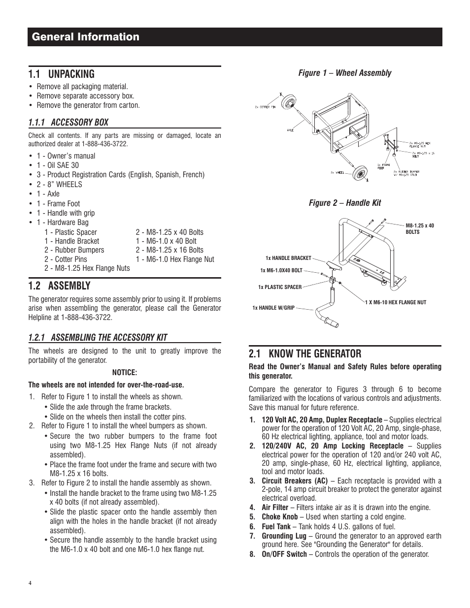 General information, 1 unpacking, 2 assembly | Operation, 1 know the generator | Generac GP 3250 Portable Generator 005982-0 User Manual | Page 6 / 20