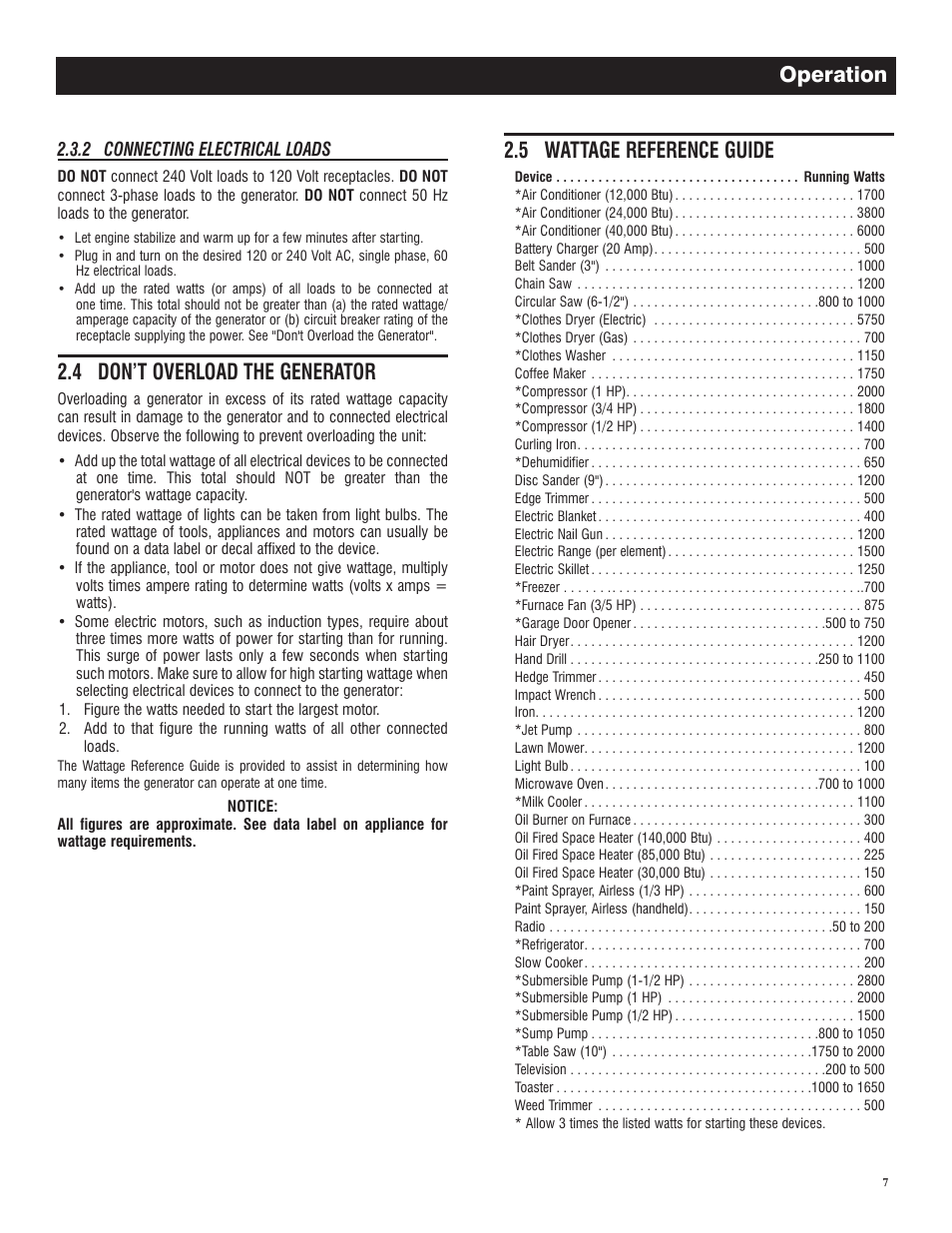 4 don’t overload the generator, 5 wattage reference guide, Operation | Generac GP 3250 Portable Generator 005982-0 User Manual | Page 9 / 20