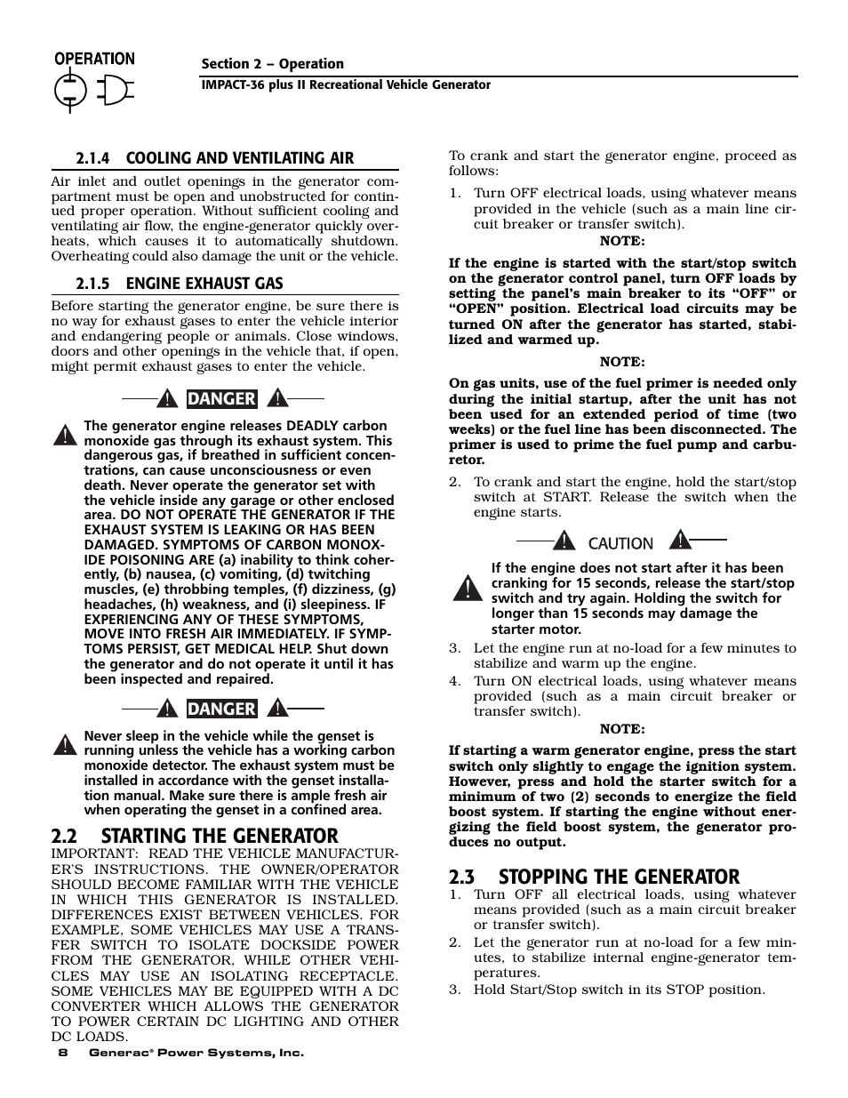 2 starting the generator, 3 stopping the generator | Generac 00941-3 User Manual | Page 10 / 52