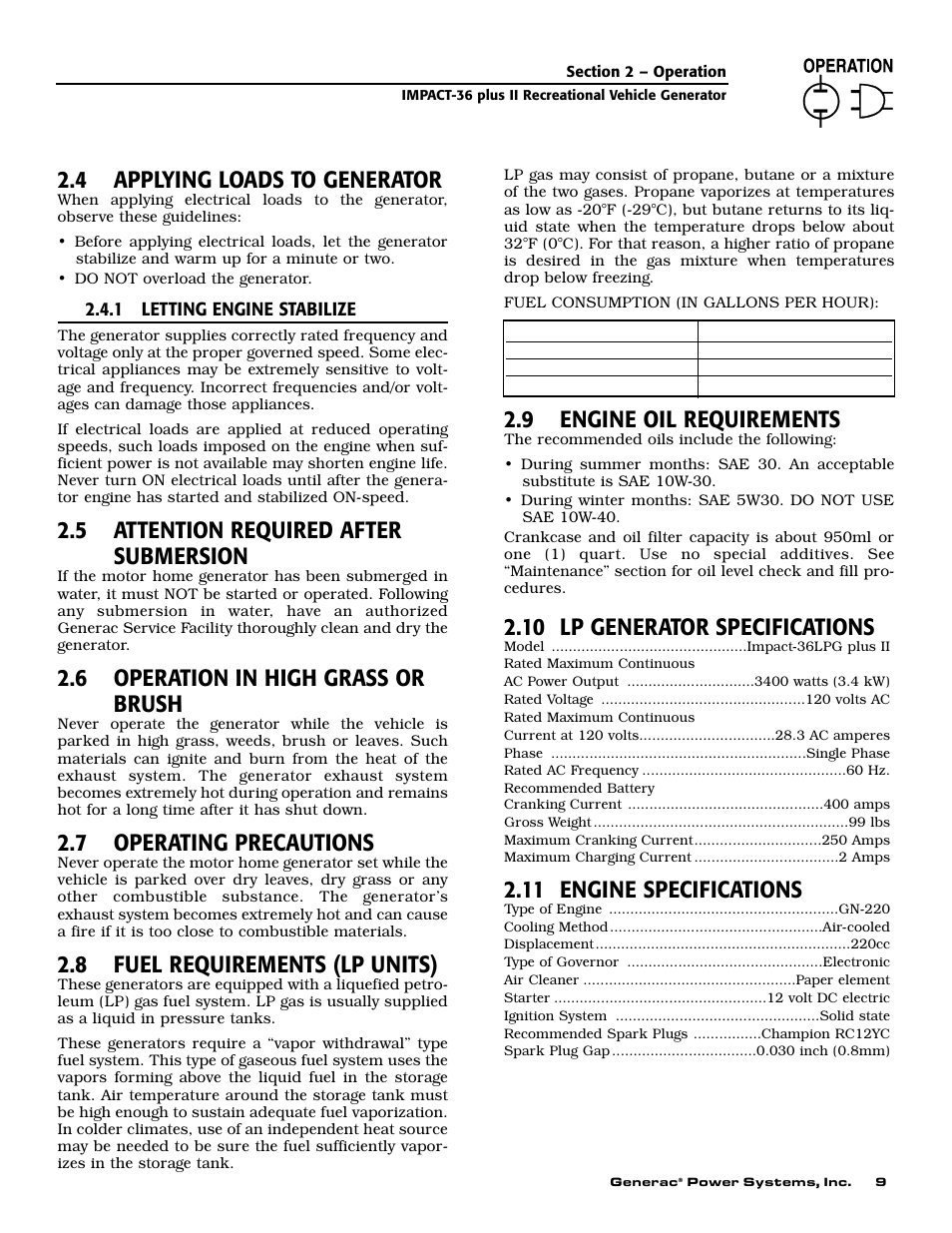 4 applying loads to generator, 5 attention required after submersion, 6 operation in high grass or brush | 7 operating precautions, 8 fuel requirements (lp units), 9 engine oil requirements, 10 lp generator specifications, 11 engine specifications | Generac 00941-3 User Manual | Page 11 / 52