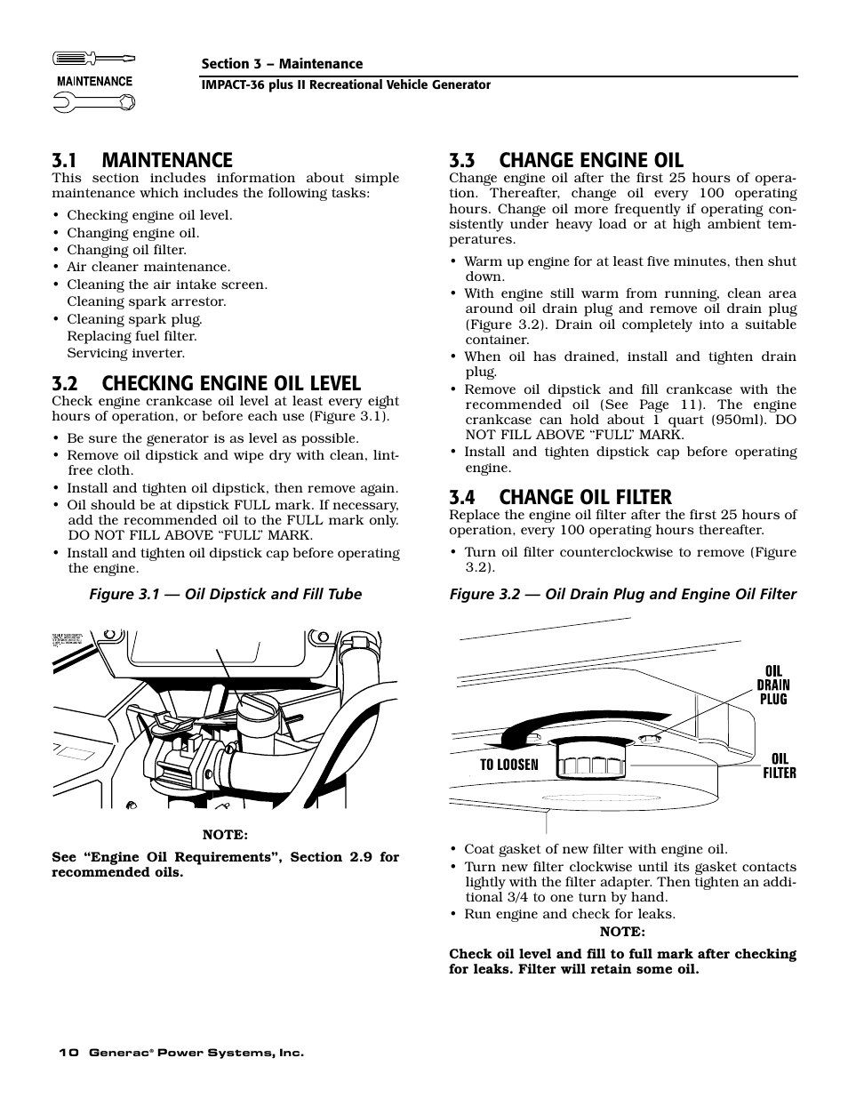 1 maintenance, 2 checking engine oil level, 3 change engine oil | 4 change oil filter | Generac 00941-3 User Manual | Page 12 / 52
