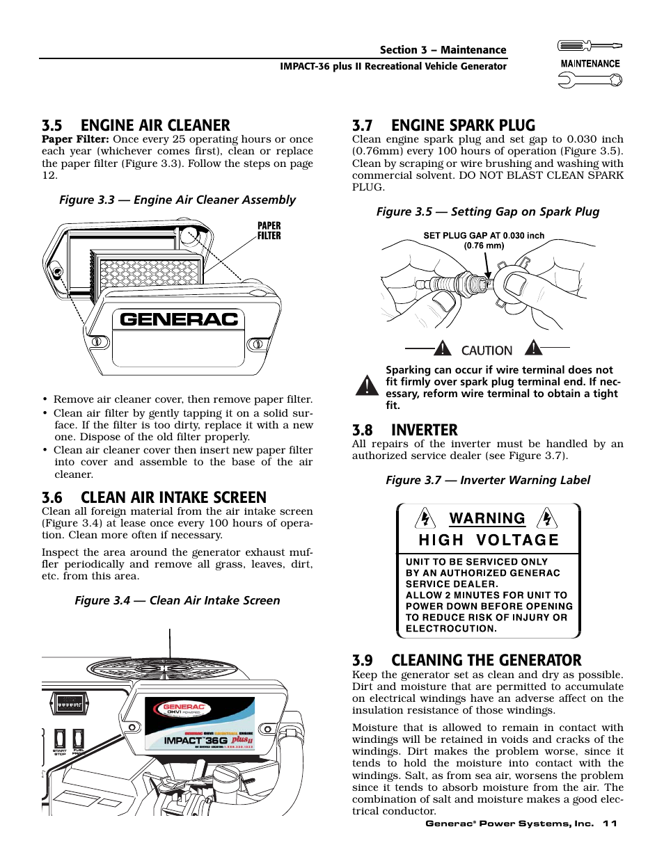 5 engine air cleaner, 6 clean air intake screen, 7 engine spark plug | 8 inverter, 9 cleaning the generator | Generac 00941-3 User Manual | Page 13 / 52