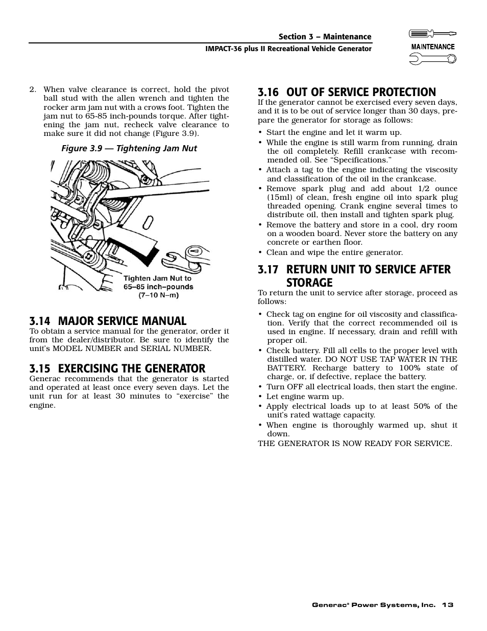 14 major service manual, 15 exercising the generator, 16 out of service protection | 17 return unit to service after storage | Generac 00941-3 User Manual | Page 15 / 52