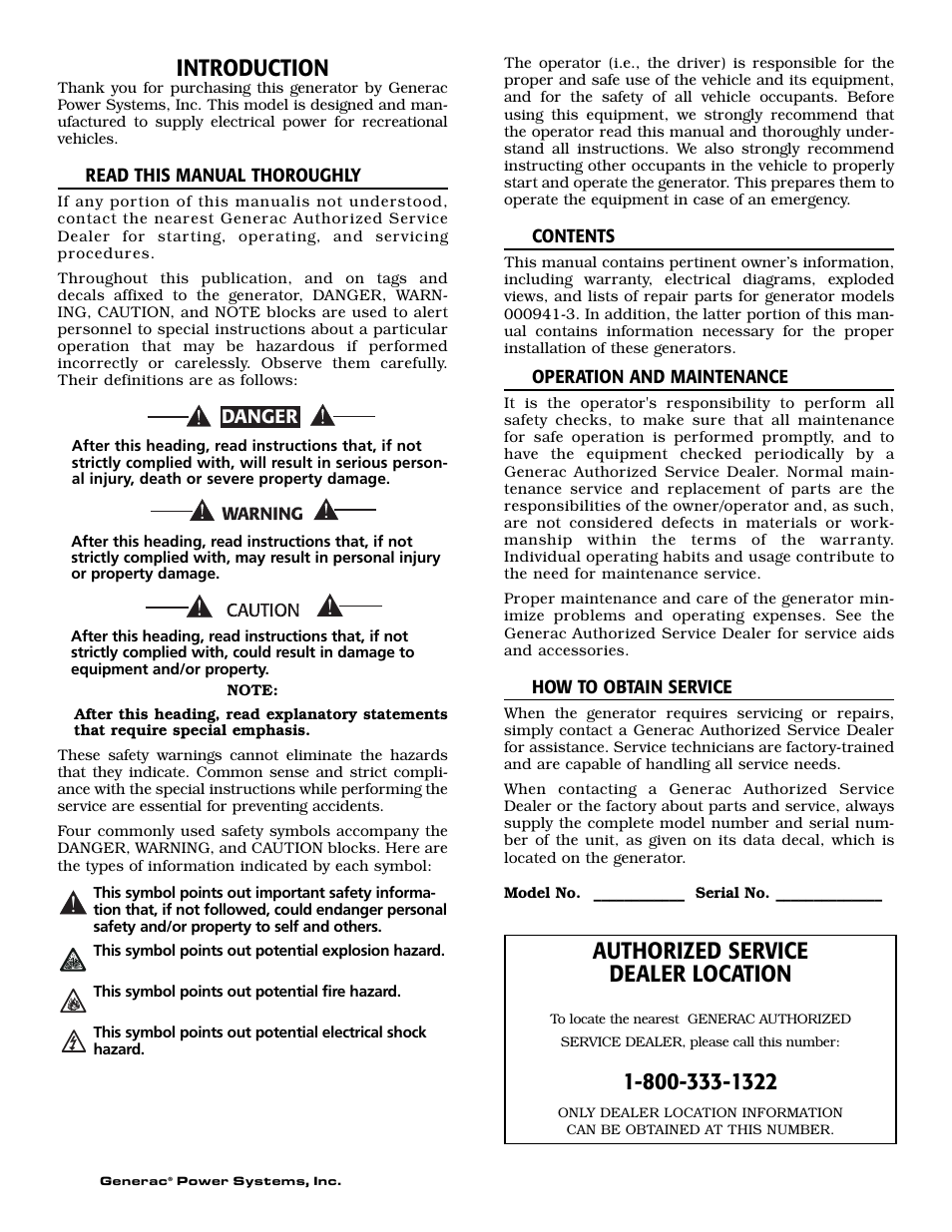 Introduction, Authorized service dealer location | Generac 00941-3 User Manual | Page 2 / 52