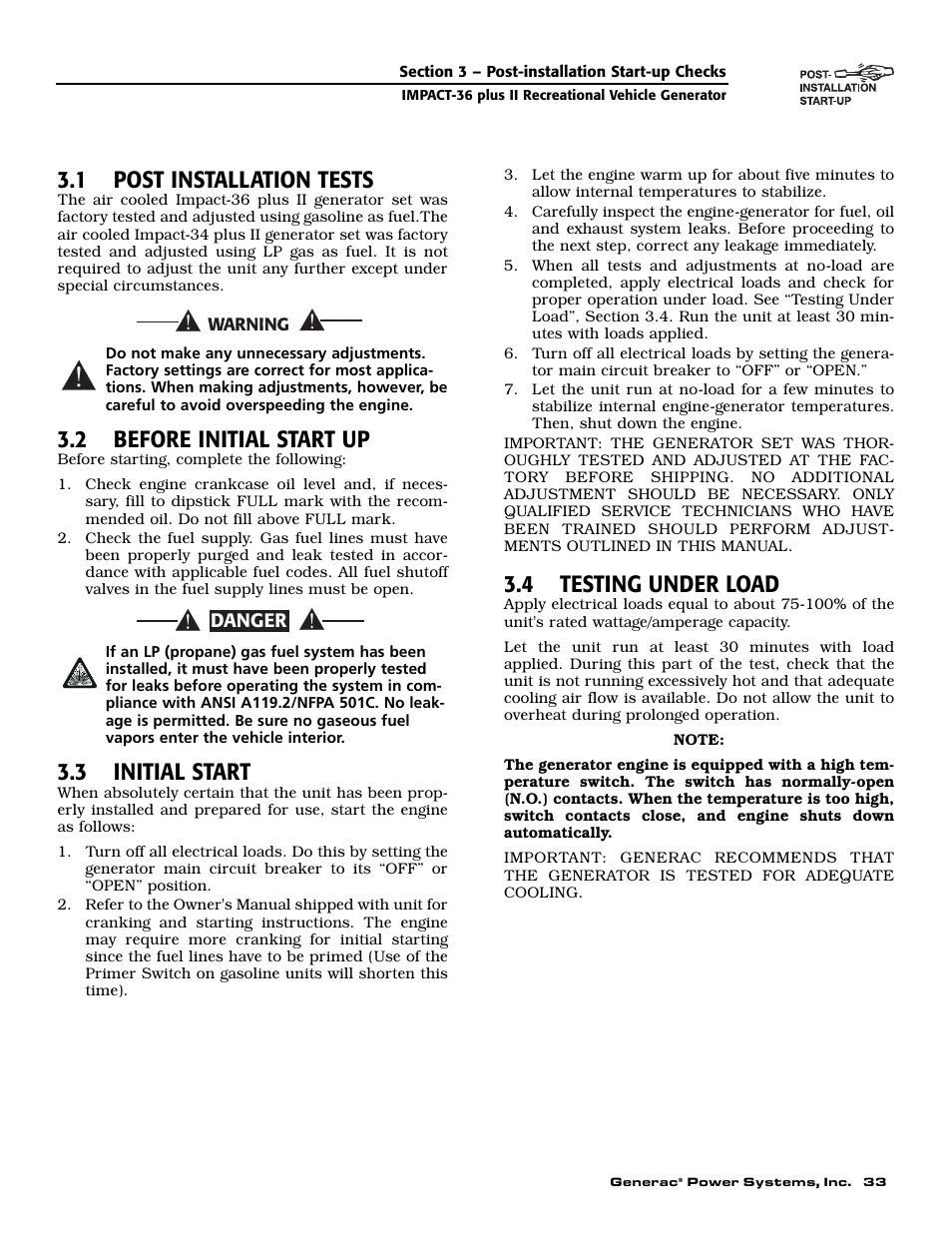 1 post installation tests, 2 before initial start up, 3 initial start | 4 testing under load | Generac 00941-3 User Manual | Page 35 / 52