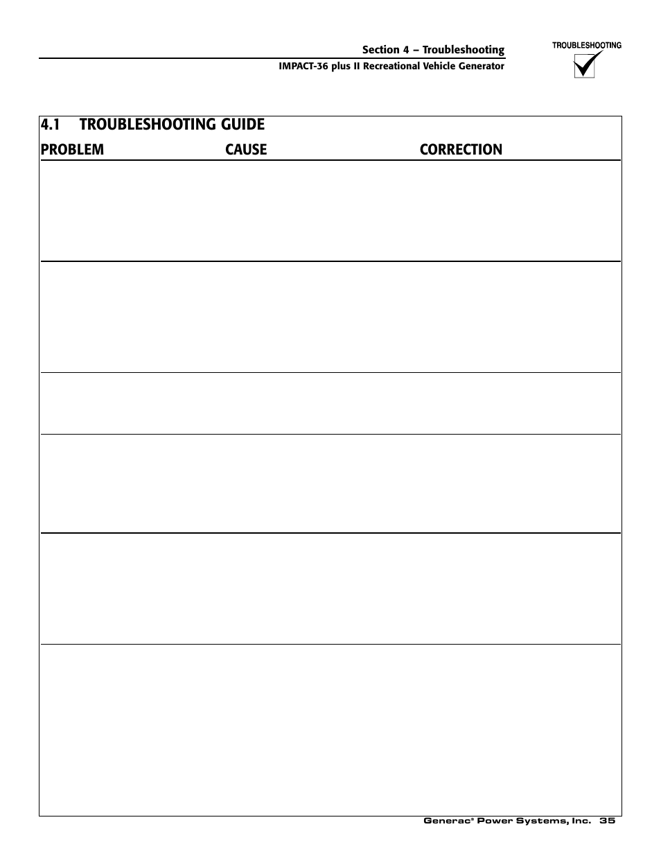 1 troubleshooting guide, Problem cause correction | Generac 00941-3 User Manual | Page 37 / 52