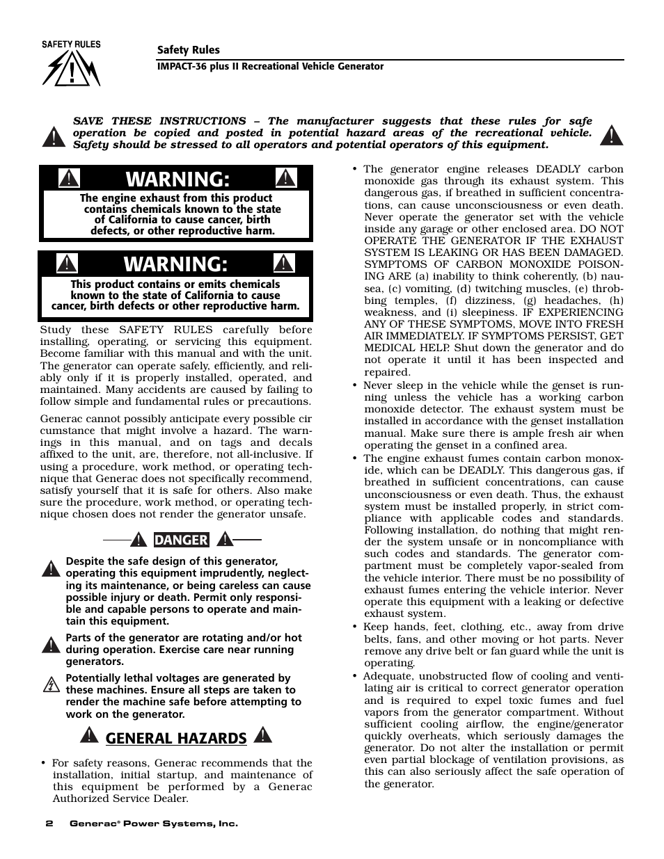 Warning | Generac 00941-3 User Manual | Page 4 / 52