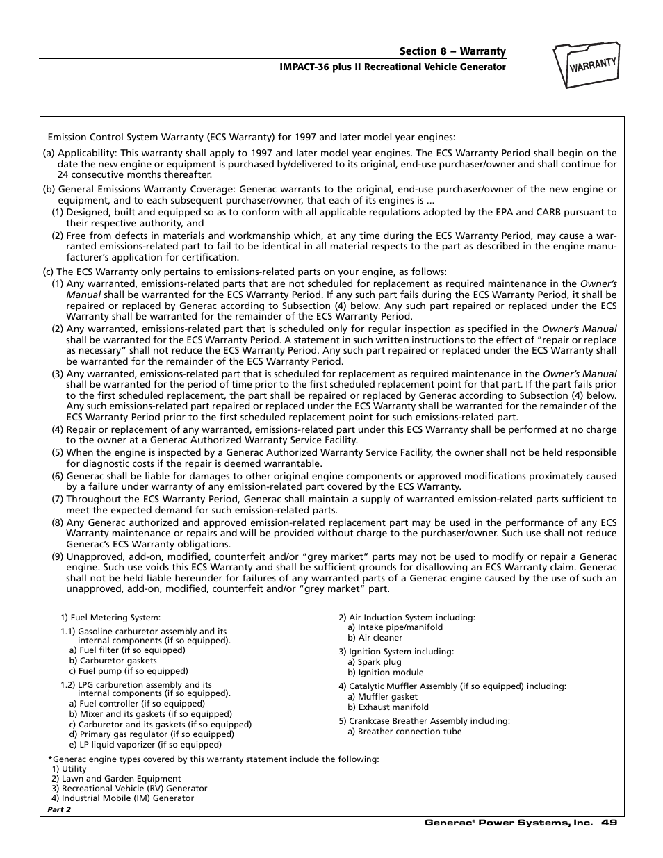 Emission control system warranty, Emission related parts include the following | Generac 00941-3 User Manual | Page 51 / 52