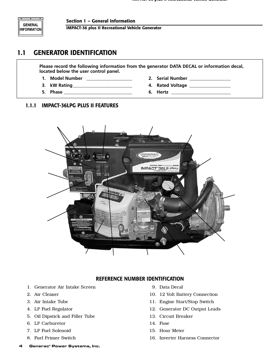 1 generator identification | Generac 00941-3 User Manual | Page 6 / 52