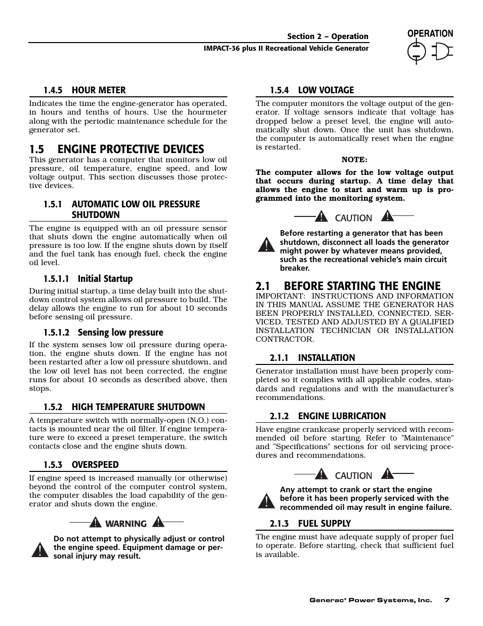 5 engine protective devices, 1 before starting the engine | Generac 00941-3 User Manual | Page 9 / 52