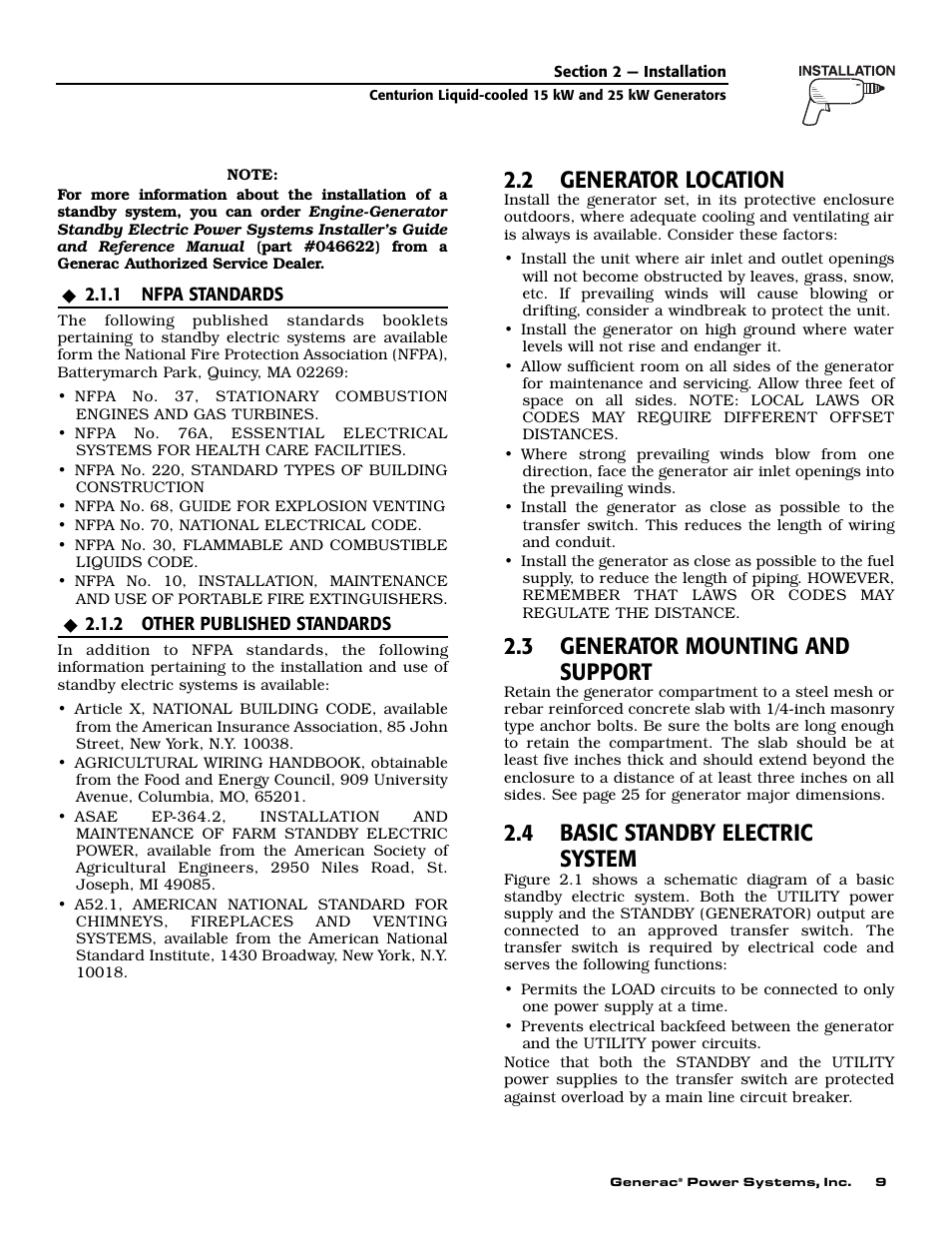 2 generator location, 3 generator mounting and support, 4 basic standby electric system | Generac 004912-0 User Manual | Page 11 / 52