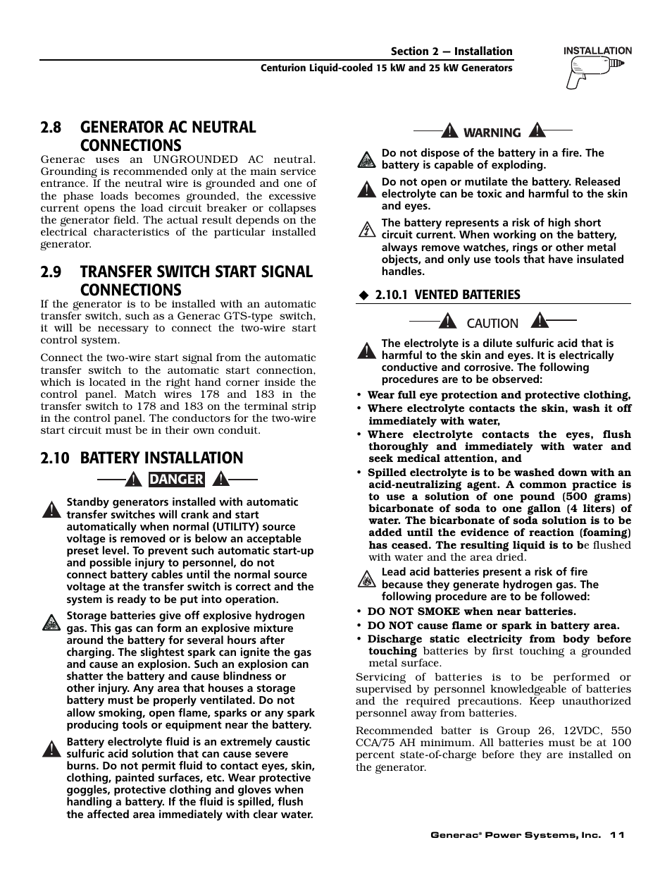 8 generator ac neutral connections, 9 transfer switch start signal connections, 10 battery installation | Generac 004912-0 User Manual | Page 13 / 52