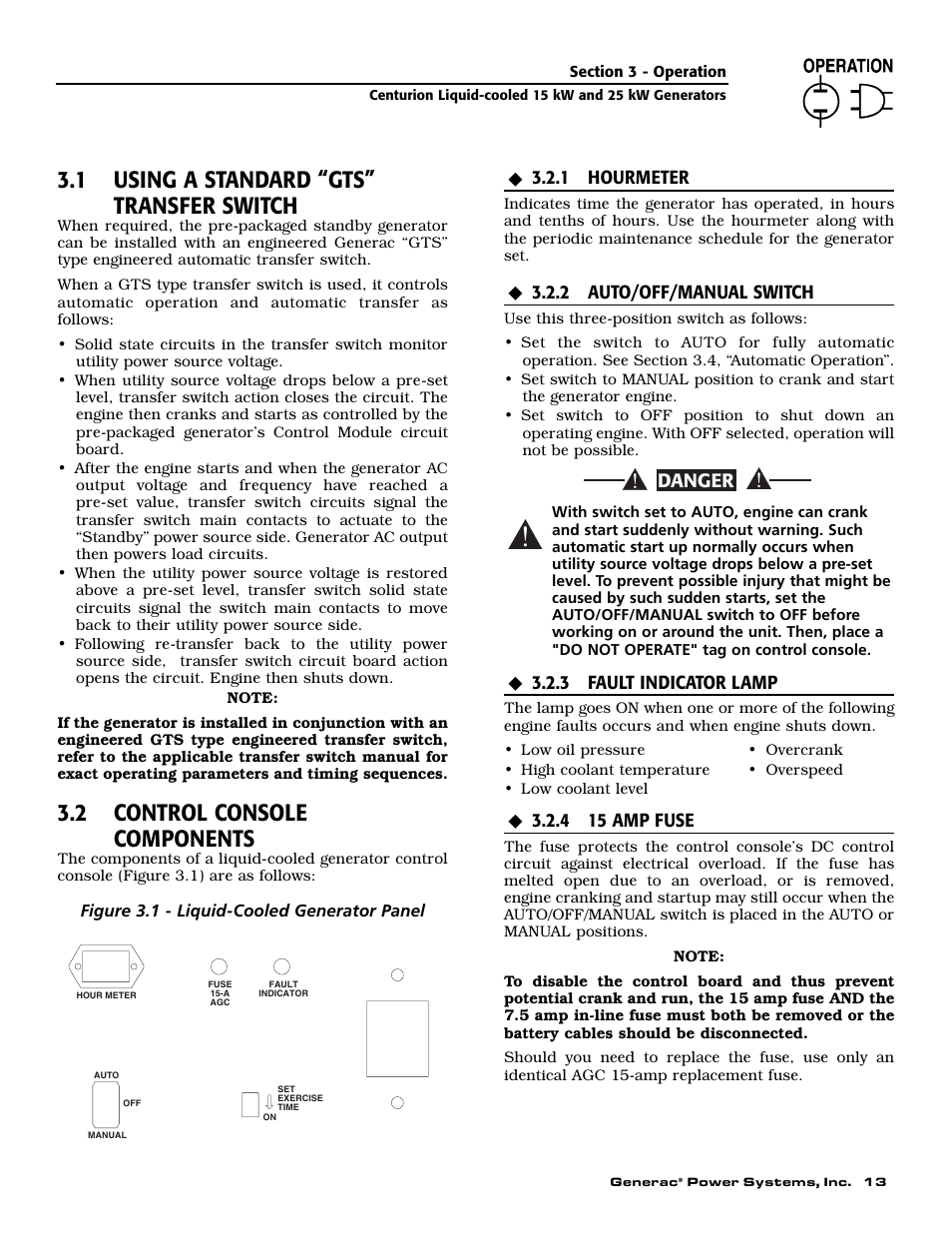 1 using a standard “gts” transfer switch, 2 control console components, Danger | Generac 004912-0 User Manual | Page 15 / 52