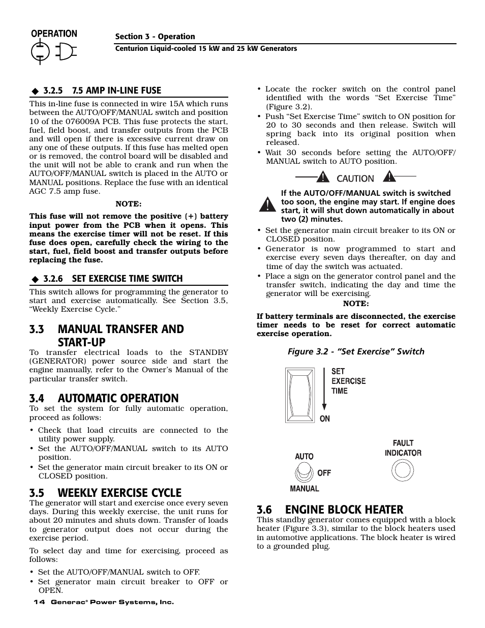 3 manual transfer and start-up, 4 automatic operation, 5 weekly exercise cycle | 6 engine block heater | Generac 004912-0 User Manual | Page 16 / 52