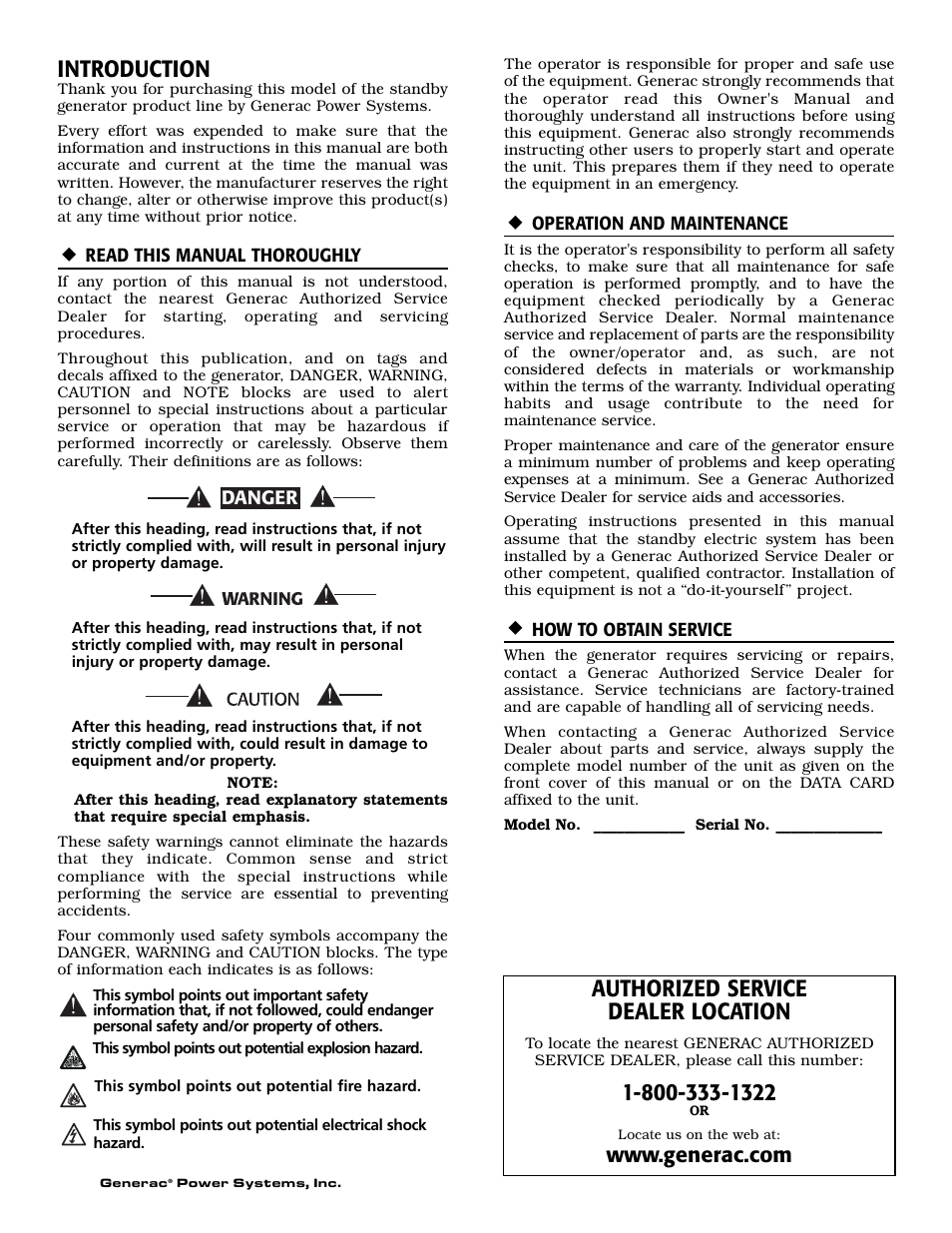 Introduction, Authorized service dealer location | Generac 004912-0 User Manual | Page 2 / 52