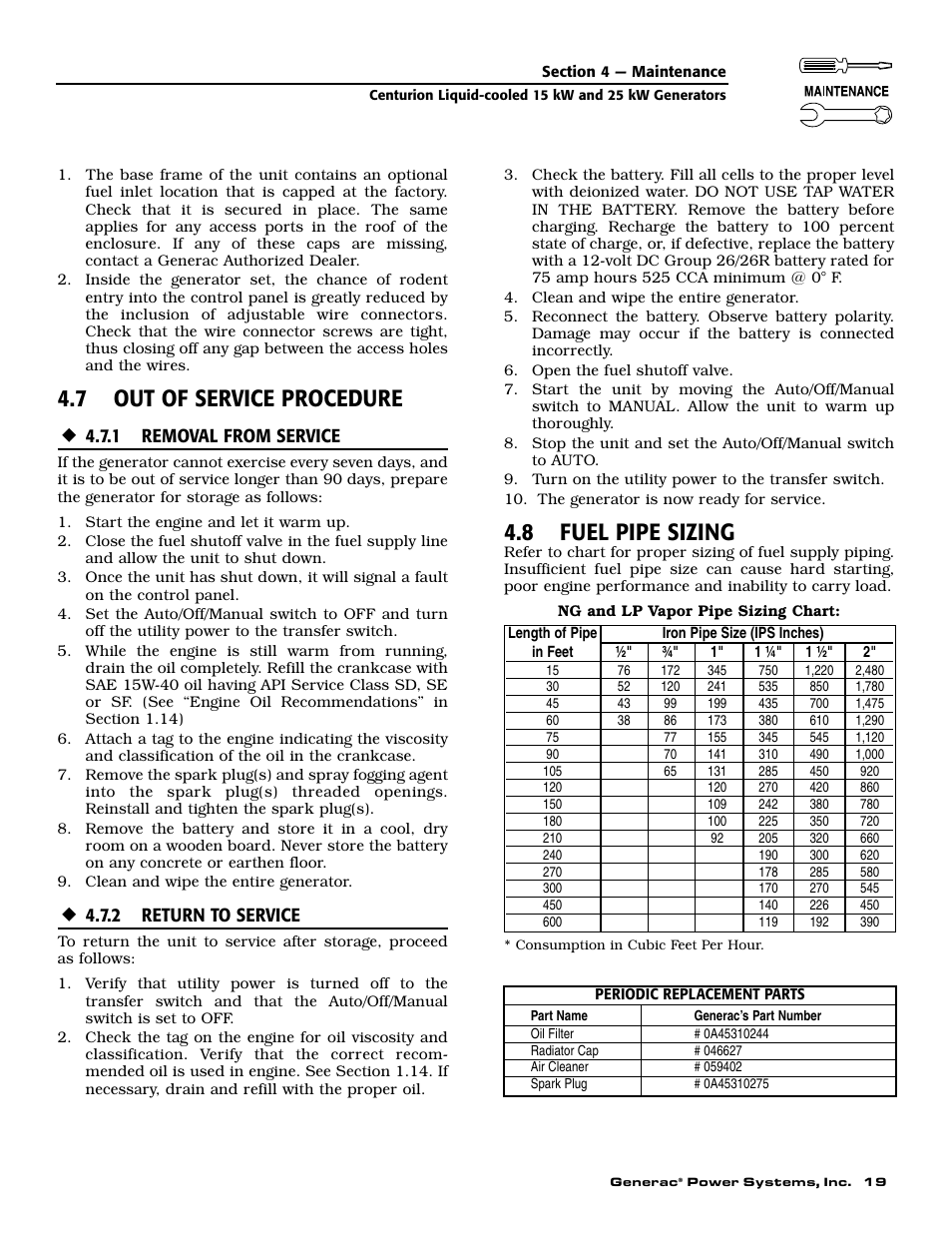 7 out of service procedure, 8 fuel pipe sizing | Generac 004912-0 User Manual | Page 21 / 52