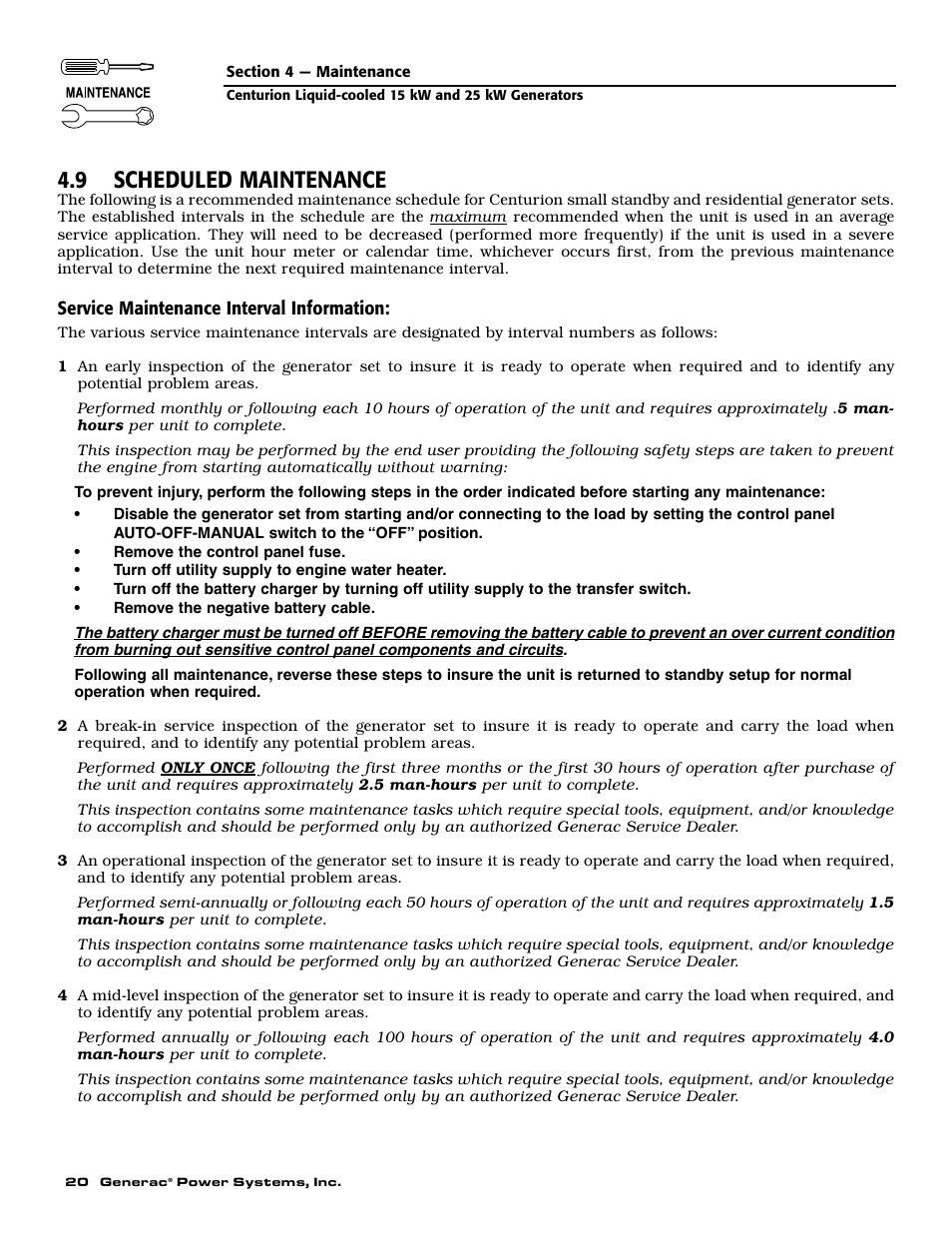 9 scheduled maintenance | Generac 004912-0 User Manual | Page 22 / 52