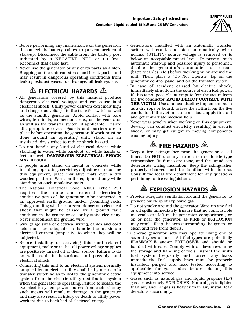 Electrical hazards, Fire hazards, Explosion hazards | Generac 004912-0 User Manual | Page 5 / 52