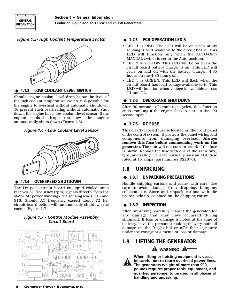 8 unpacking, 9 lifting the generator, 3 low coolant level switch | 4 overspeed shutdown, 5 pcb operation led’s, 6 overcrank shutdown, 6 dc fuse, 1 unpacking precautions, 2 inspection, Figure 1.5- high coolant temperature switch | Generac 004912-0 User Manual | Page 8 / 52